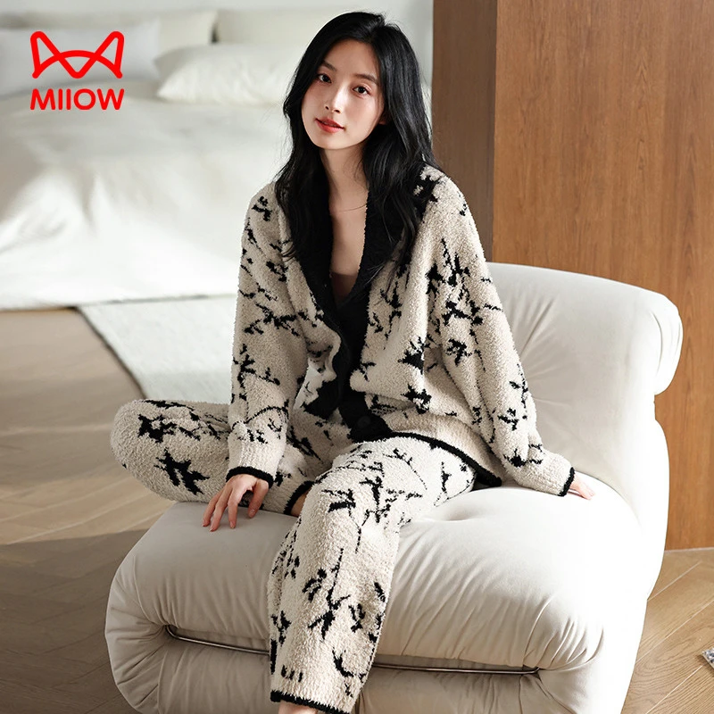 猫人睡衣女士秋冬季2025新款半边绒加绒保暖冬天可外穿家居服套装