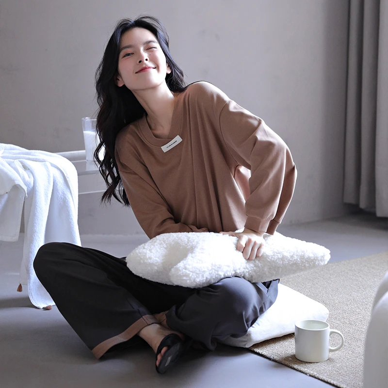 猫人春秋季睡衣女士纯棉长袖套头套装秋冬新款纯色简约高档家居服