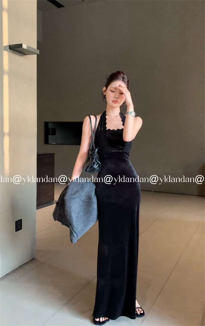 @yldandan|尤杜拉丝绒蕾丝法式宫廷复古设计简约性女神风丝连衣裙