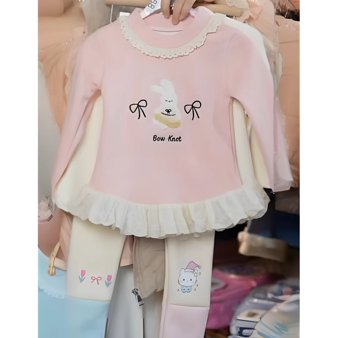 女童加绒花边卫衣2024秋冬新款时尚可爱卡通宝宝儿童洋气秋季上衣