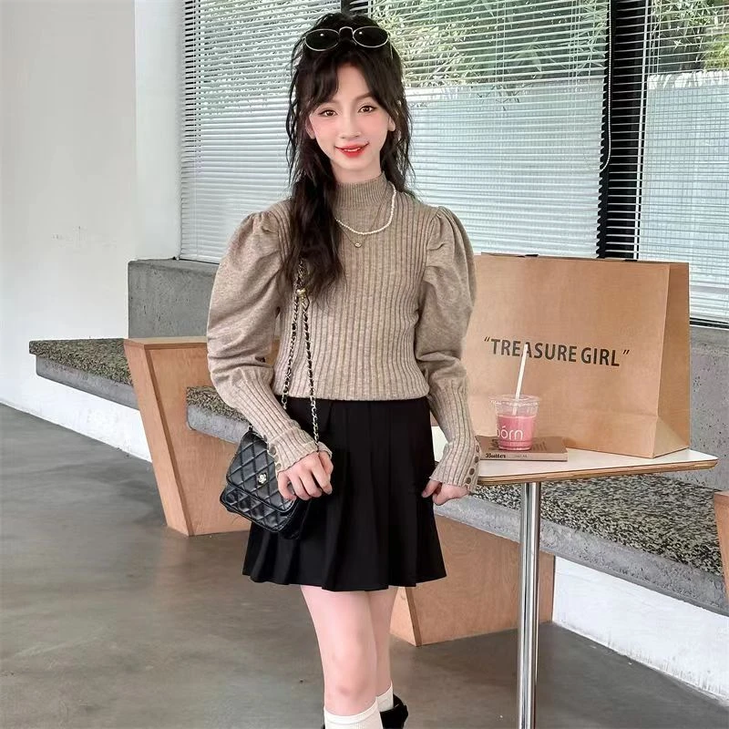 女童秋冬款毛衣2024新款中大童高领针织上衣时尚保暖泡泡袖打底衫