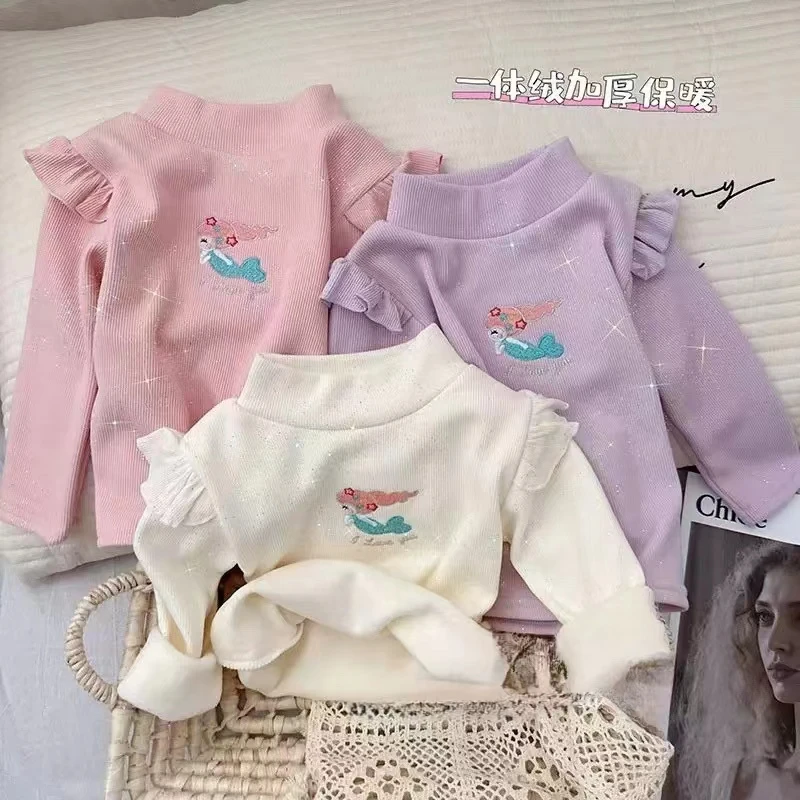 2024新款秋冬上衣时尚洋气可爱卡通美人鱼刺绣花边长袖保暖打底衣