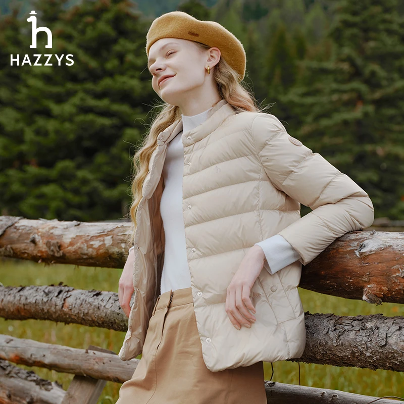 Hazzys哈吉斯纯色鸭绒收腰轻薄款羽绒服短款女士冬季保暖外套女装