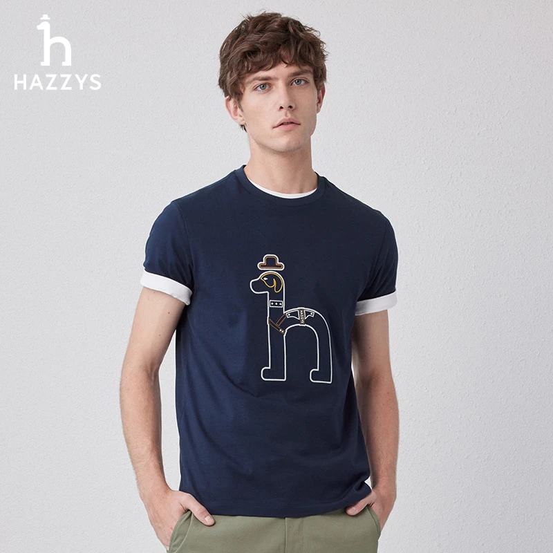 Hazzys哈吉斯夏季男士经典休闲百搭时尚短袖体恤衫撞色大标t恤衫