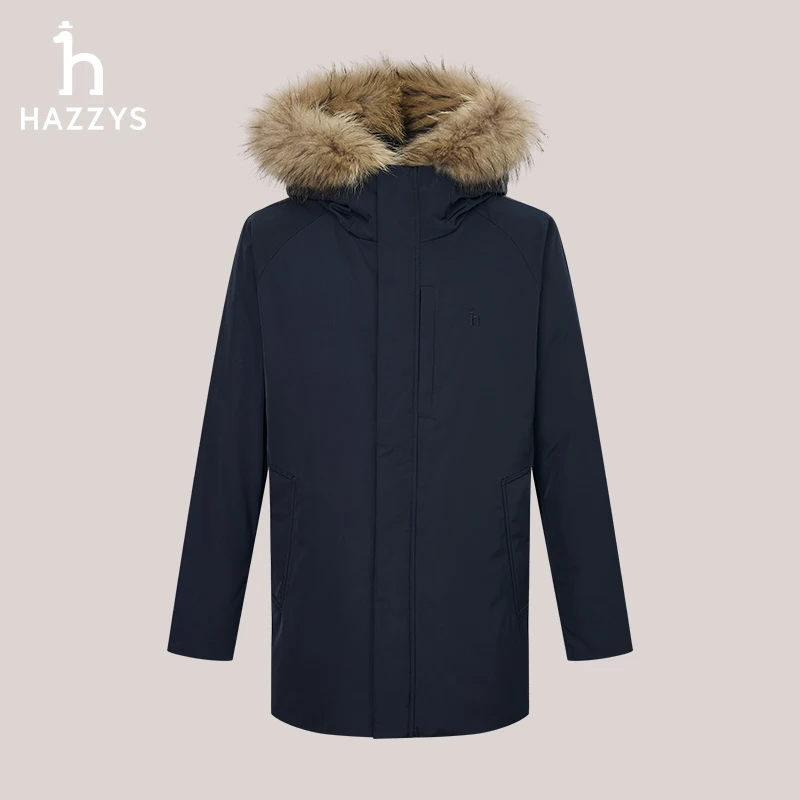 Hazzys哈吉斯男士秋冬保暖气质简约毛领羽绒服通勤商务休闲外套