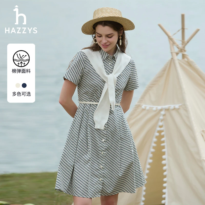 Hazzys哈吉斯格纹女士短袖连衣裙中长款休闲潮流时尚格子复古裙子