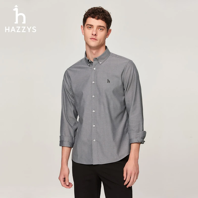 HAZZYS吉斯男士秋季舒适简约衬衣时尚纯色休闲早秋长袖衬衫