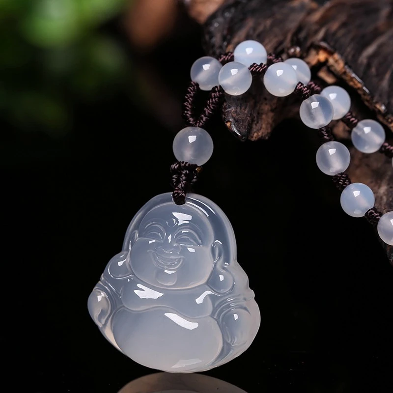 天然冰种白玛瑙大肚佛公吊坠玉髓项链弥勒佛笑佛情侣款毛衣链挂坠