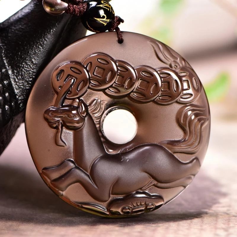 天然冰种黑曜石十二生肖平安扣吊坠男士女款项链本命年属兔年挂件