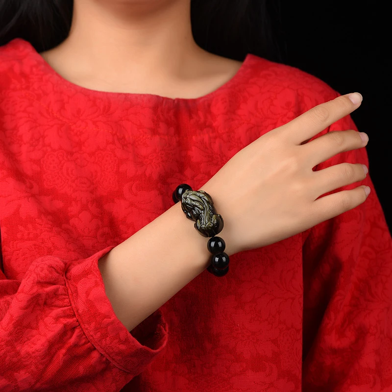 天然金曜石貔貅手链双金眼霸王皮丘手串黑曜石本命年男女送礼情侣