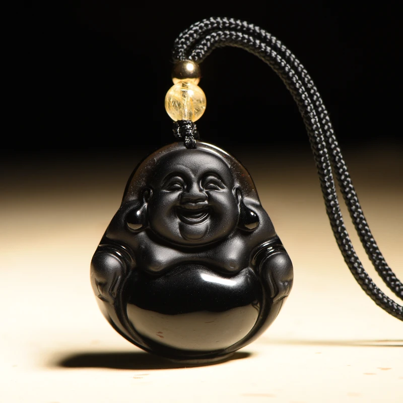 天然黑曜石弥勒佛吊坠男观音菩萨项链女南海观世音大肚佛笑佛挂件