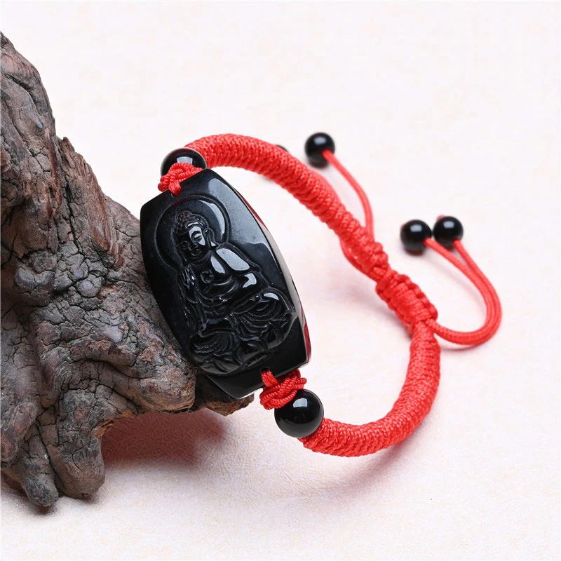黑曜石十二生肖秋冬守护神手牌男属兔文殊菩萨女红绳手链饰品编织