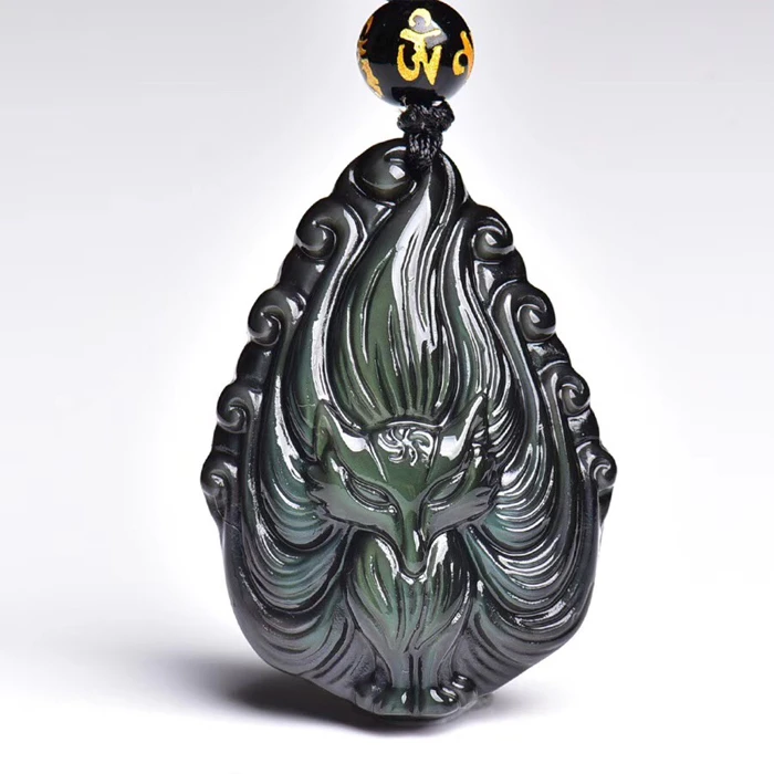 天然黑曜石狐狸吊坠黑曜石九尾狐挂坠墨西哥彩虹眼黑曜石吊坠挂坠