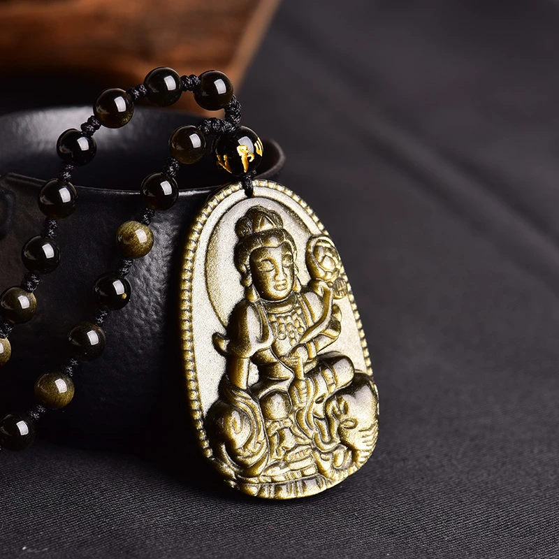 黑曜石生肖本命佛吊坠普贤菩萨项链男女属龙蛇玉坠本命年挂件礼物