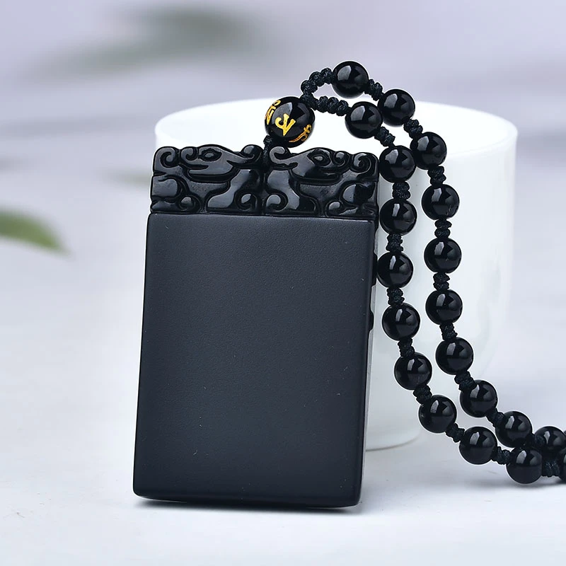 天然黑曜石平安无事牌吊坠男女圆牌方牌无字牌项链挂件本命年饰品