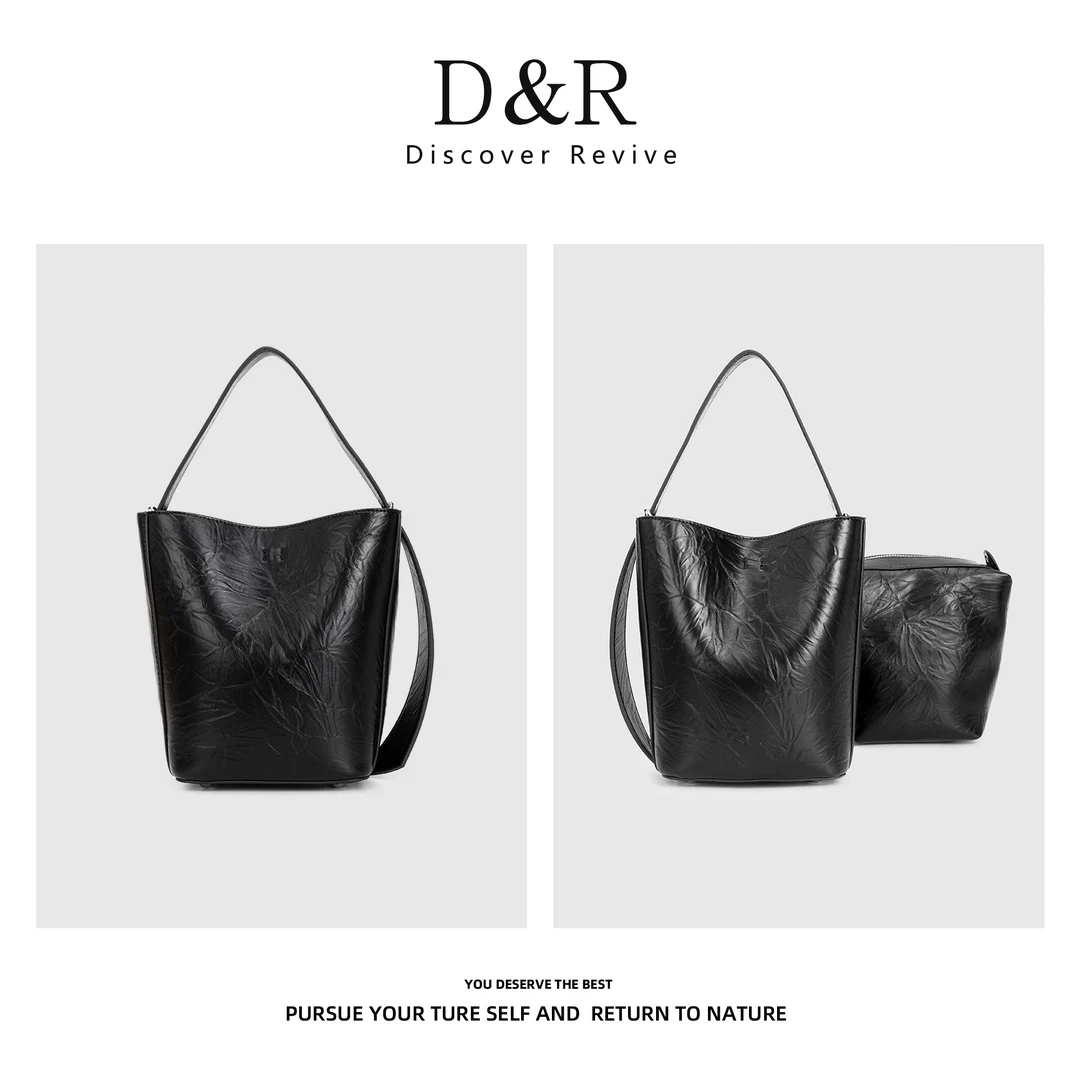 Discover Revive新款时尚百搭单肩手提爆裂纹休闲水桶包包E914