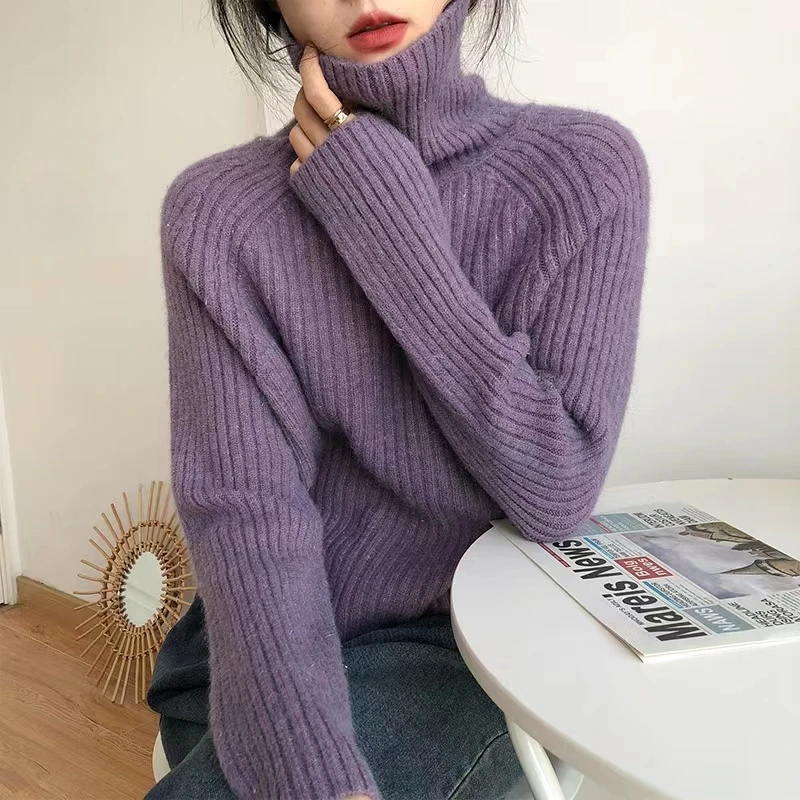 韩版百搭纯色宽松毛衣女秋冬季慵懒风高级感温柔软糯长袖针织衫