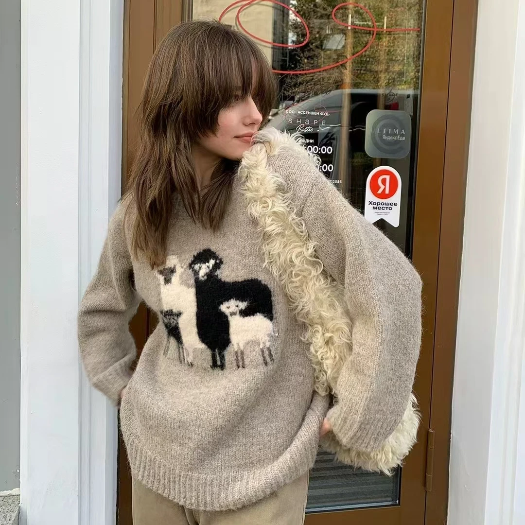 法式复古小羊刺绣长袖毛衣女秋冬2025新款慵懒软糯洋气套头针织衫