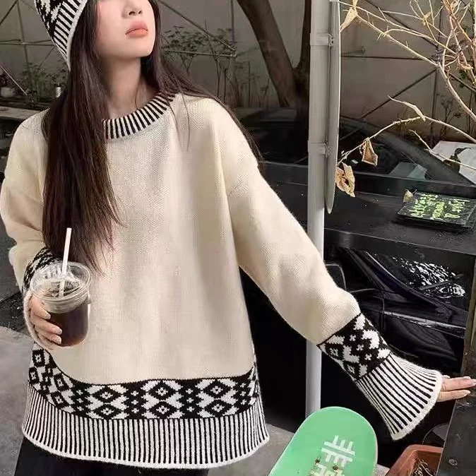 费尔岛复古气质宽松撞色ins提花圆领长袖套头针织毛衣单件女秋冬