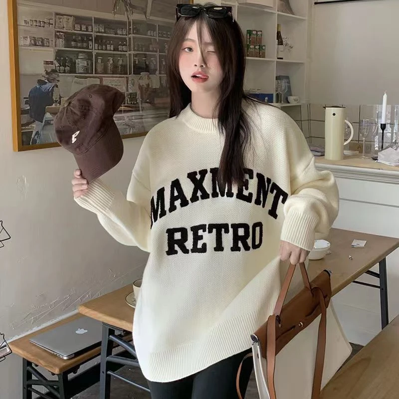 chic2022秋冬新女款甜美美式复古圆领套头毛衣刺绣字母针织衫毛衣