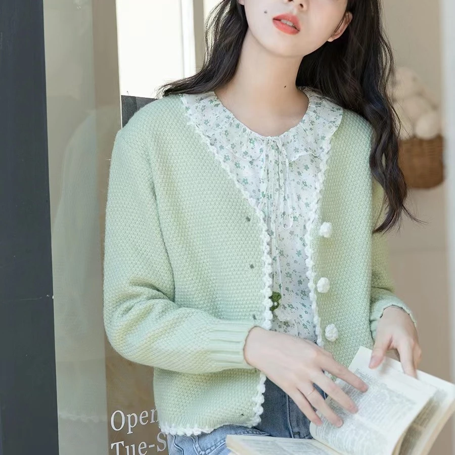 新品春季毛衣开衫外套女小清新甜美果绿色软糯针织衫减龄短款百搭