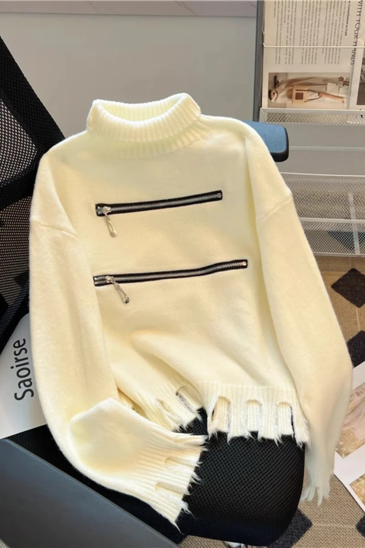 慵懒风高领拉链毛衣女秋2025秋冬新款设计感流苏短款显瘦针织衫