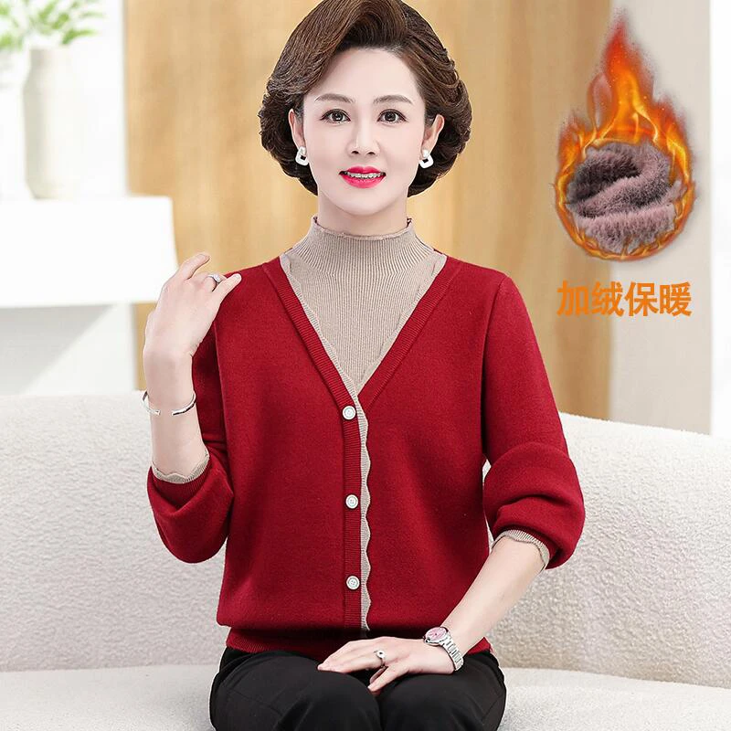 梦燕妈妈装长袖开衫中老年时尚洋气宽松针织衫CC02B2102Y