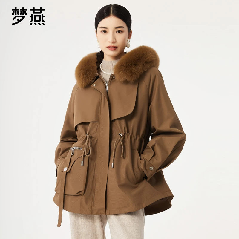梦燕秋冬女士狐狸毛领宽松加厚保暖时尚派克服 CM03B3015D