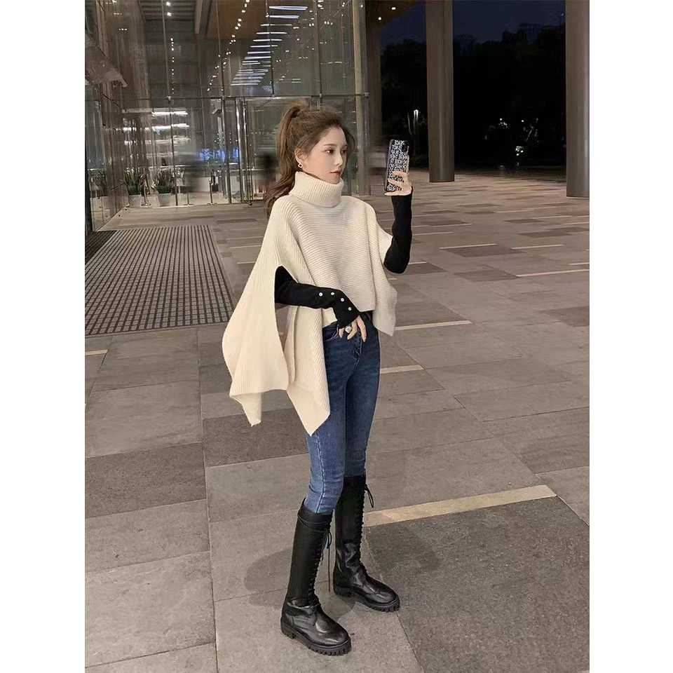 秋冬新款慵懒风高领披肩针织衫女设计感小众百搭斗篷式毛衣小外套