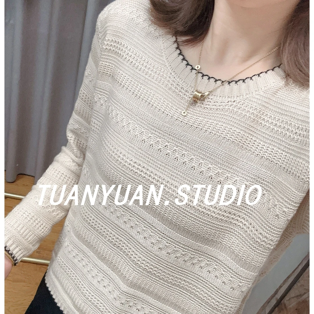 【长袖】高档新款钩花小香风针织女显瘦设计感上衣秋冬