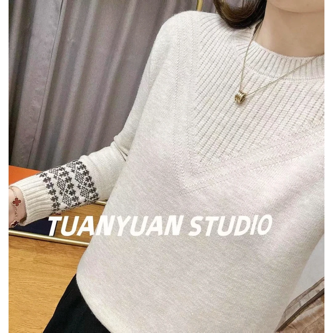 2025年秋冬季新款半高圆领毛衣女宽松外穿拼接针织打底衫上衣