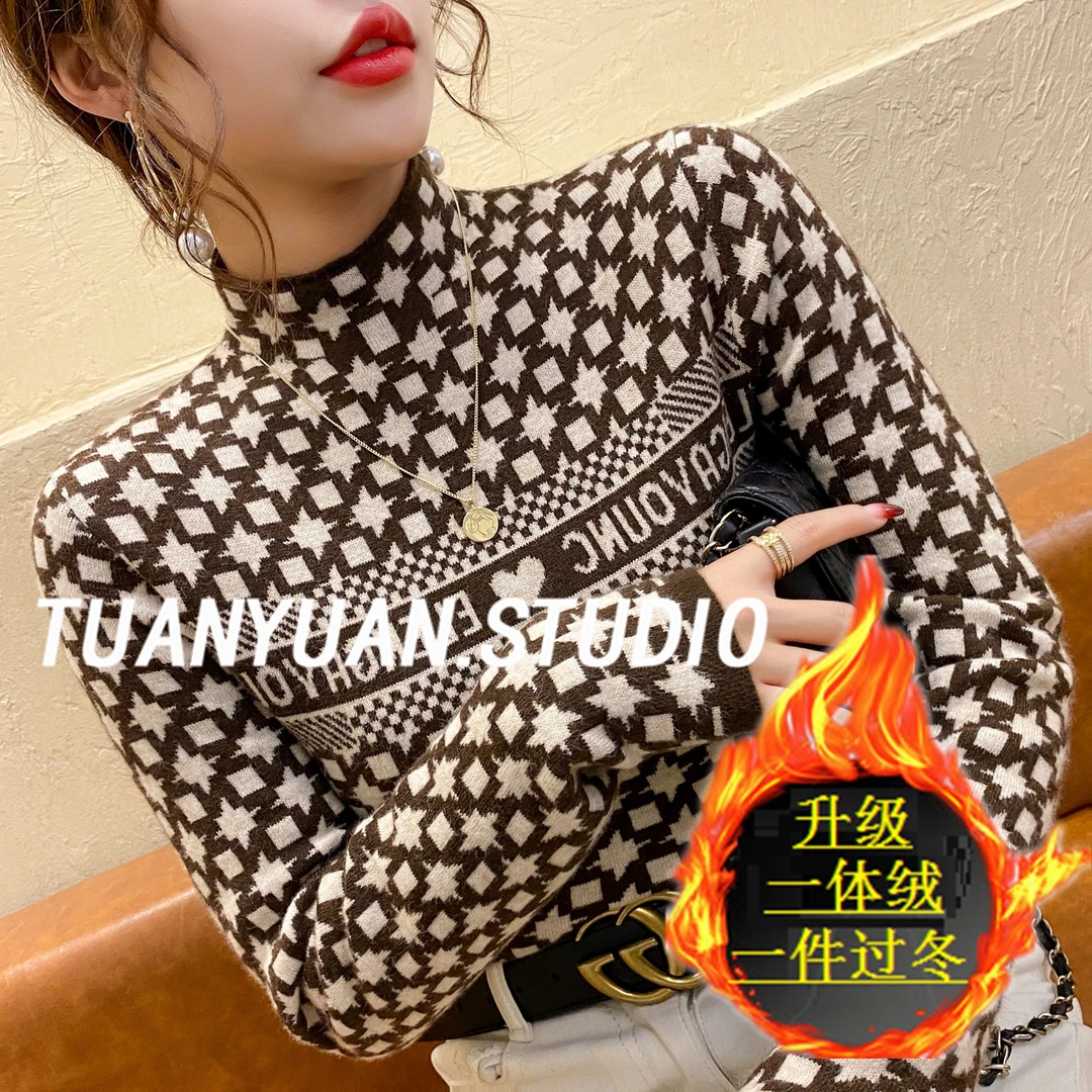 【一体绒】半高领毛衣字母女打底衫冬2023年新款时尚上衣内搭针织衫