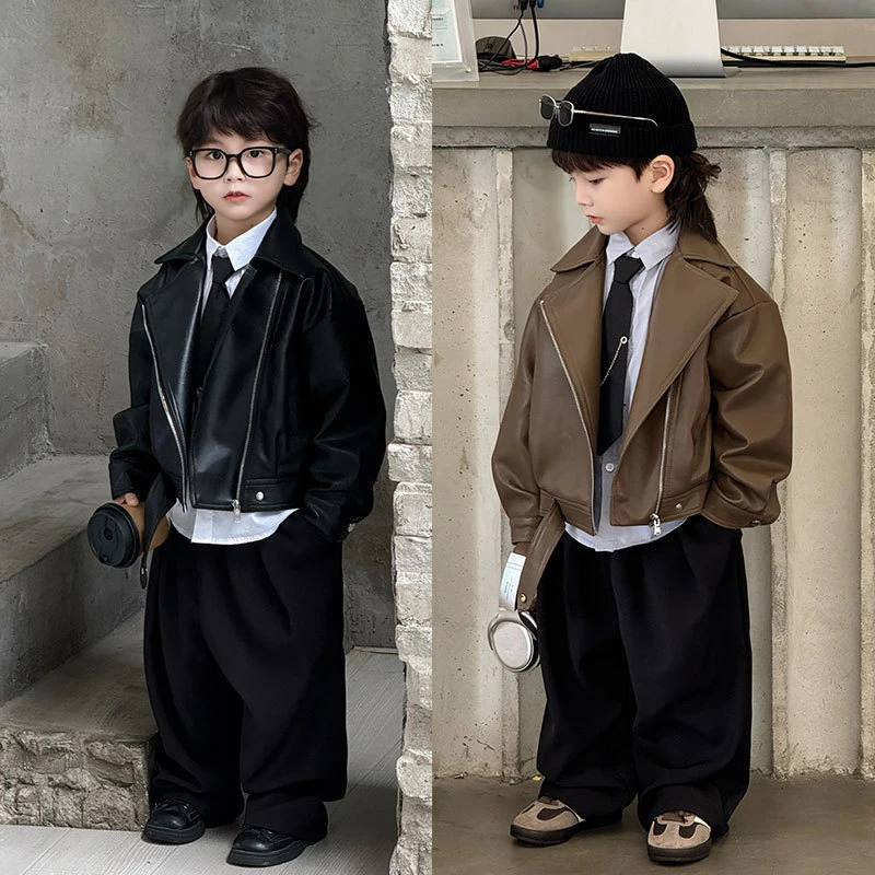 儿童春秋款皮衣男童帅气休闲机车皮夹克中小童休闲时尚皮衣外套潮