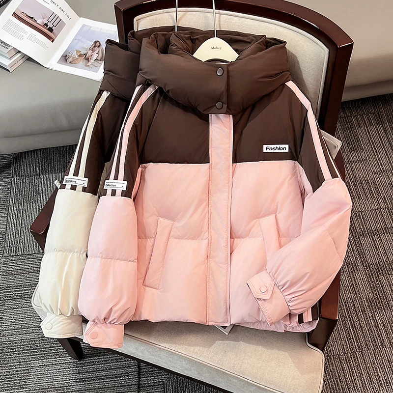 超好看拼色连帽棉衣棉服女2023冬季新款时尚洋气休闲加厚防寒服潮