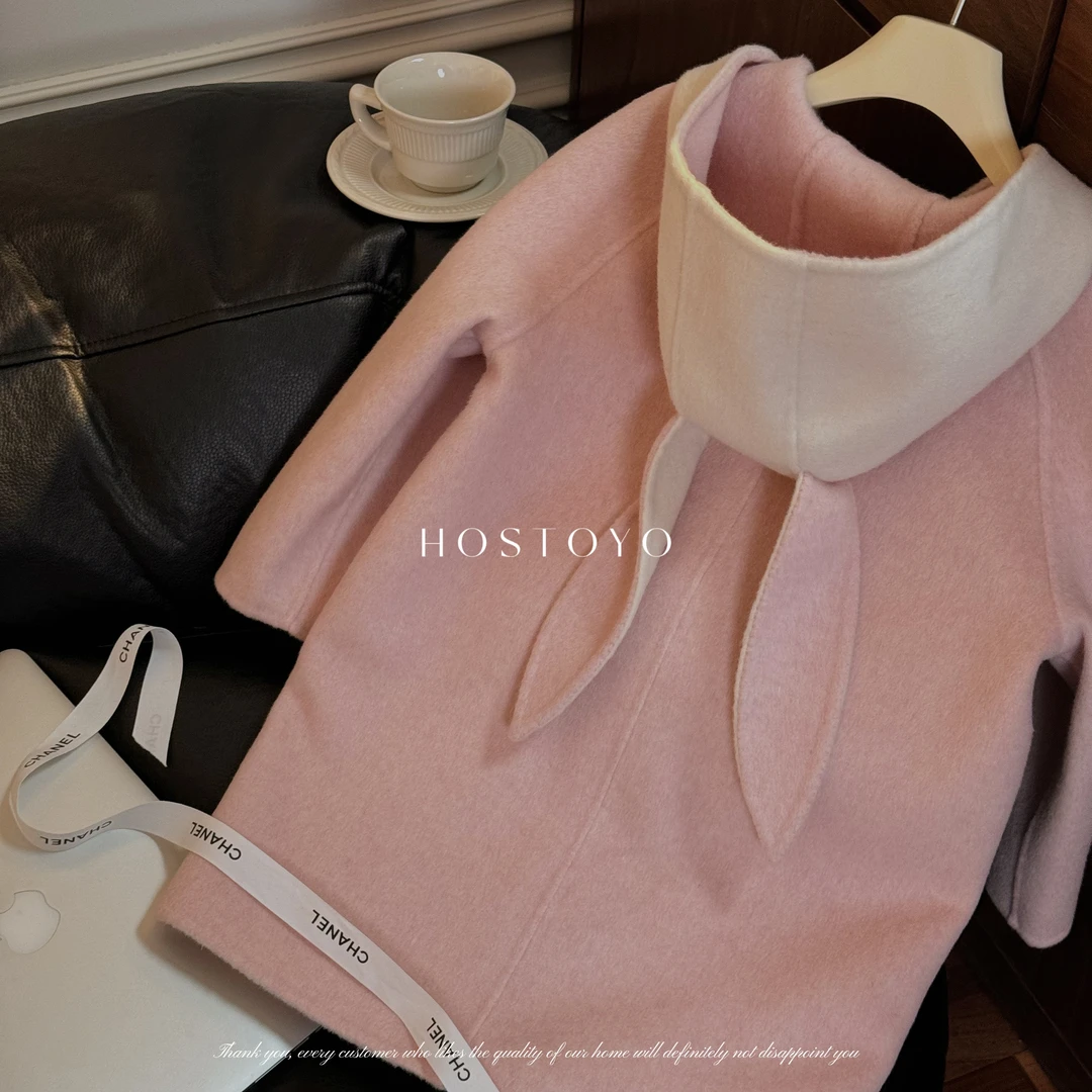 皇室童缘秋冬新款儿童女童纯色兔耳朵连帽羊毛大衣15830104008