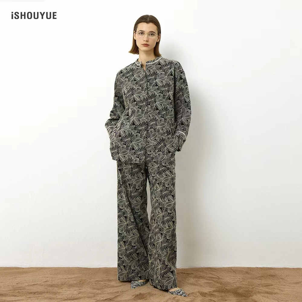 iSHOUYUE · 阿尔勒棉质刺绣伸缩腰阔腿裤时尚宽松休闲裤