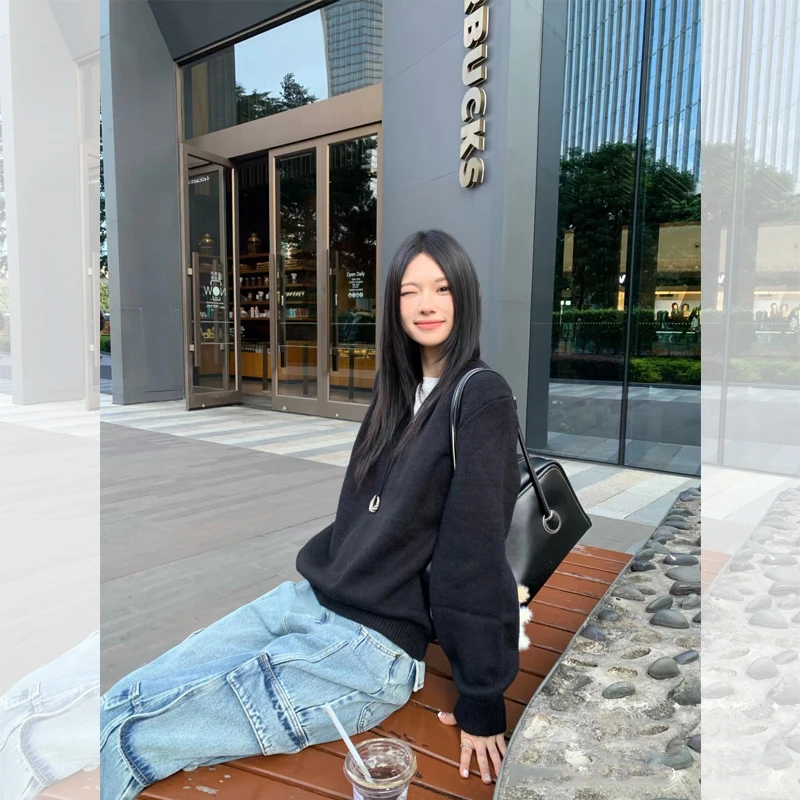 ED.lumoder【福福】经典黑V领打底毛衣保暖宽松上衣女#D4M1229