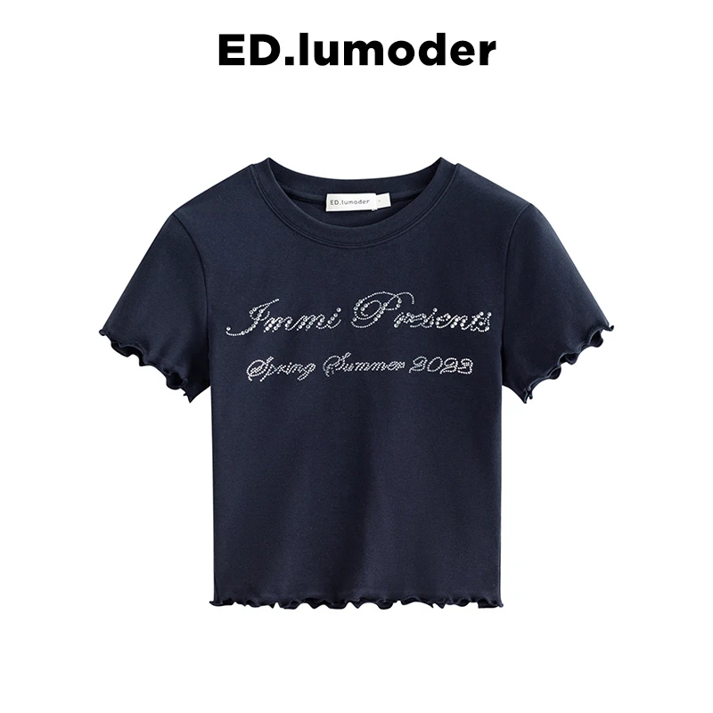 ED.lumoder【花青特调】花青色t恤女夏季烫钻设计感修身#D5T0018