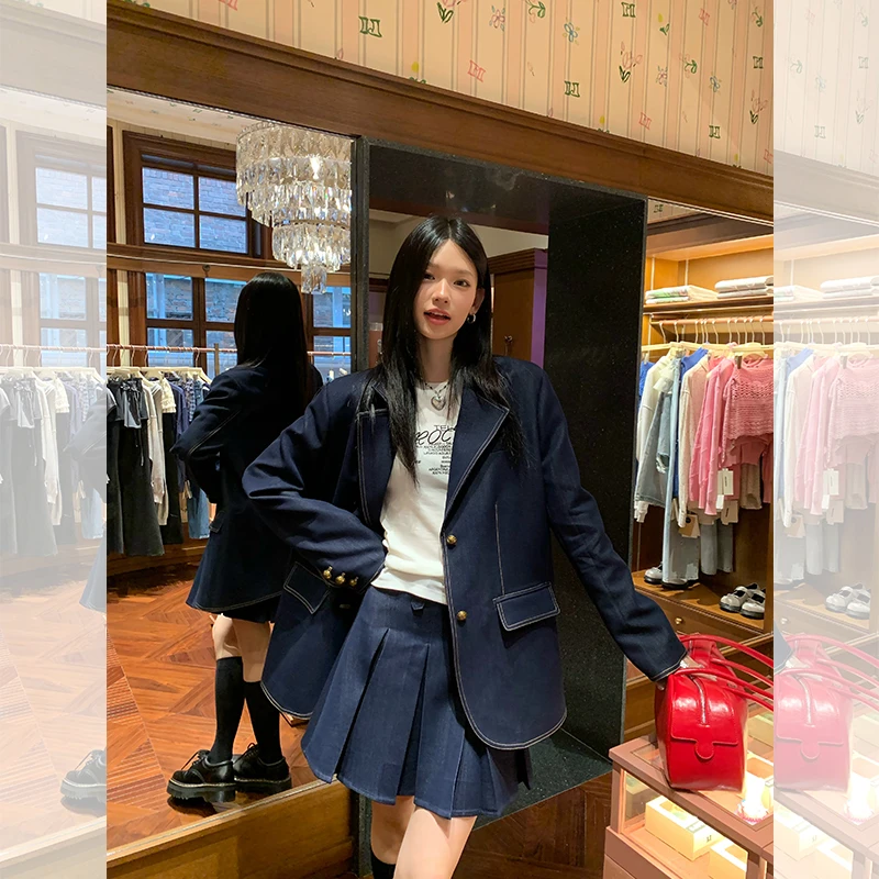 ED.lumoder「省心穿搭」深蓝色西装套装气质宽松外套女短款半身裙
