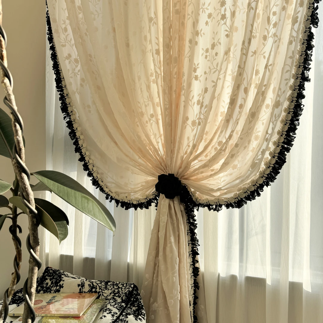 2024未央植绒浮雕纱法式美式奶油风轻奢光影感窗纱客厅阳台单挂纱