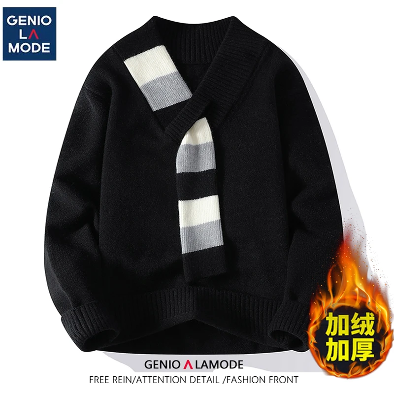 GENIO LAMODE毛衣男士秋冬季圆领百搭设计感加绒款针织衫上衣服男