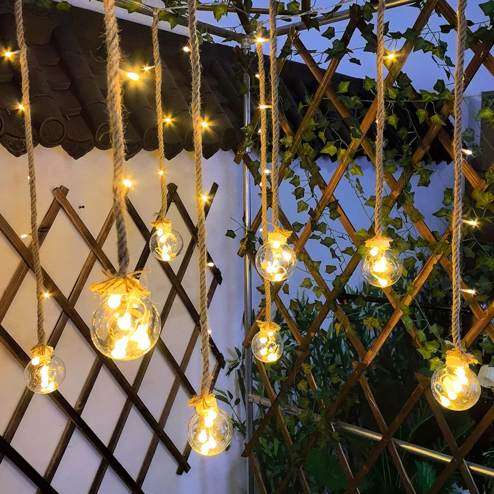 太阳能庭院户外防水露营灯营地餐厅装饰氛围灯麻绳大圆球串灯