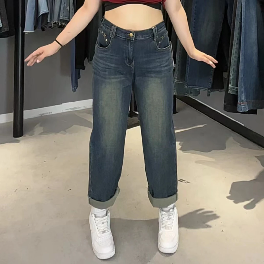 夏季梨形微胖显瘦大码胖MM宽松水洗高腰牛仔裤 8866