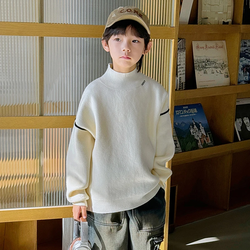 男童白色毛衣秋冬款2024新款中大儿童装男孩冬季半高领针织衫加厚