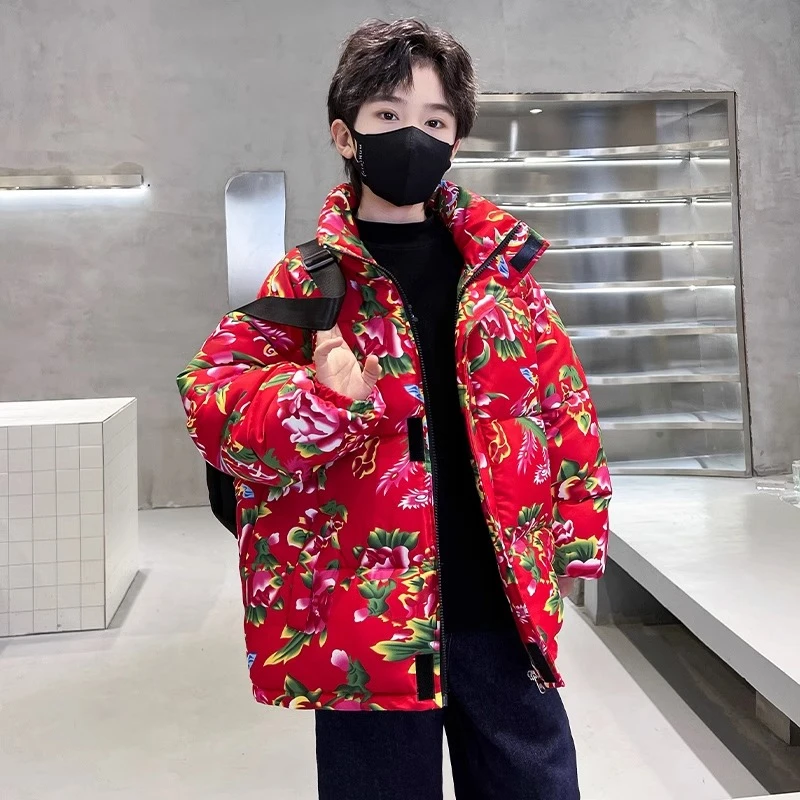 男童花棉袄外套红色2024新款儿童加厚棉服棉衣国风大花袄东北过年