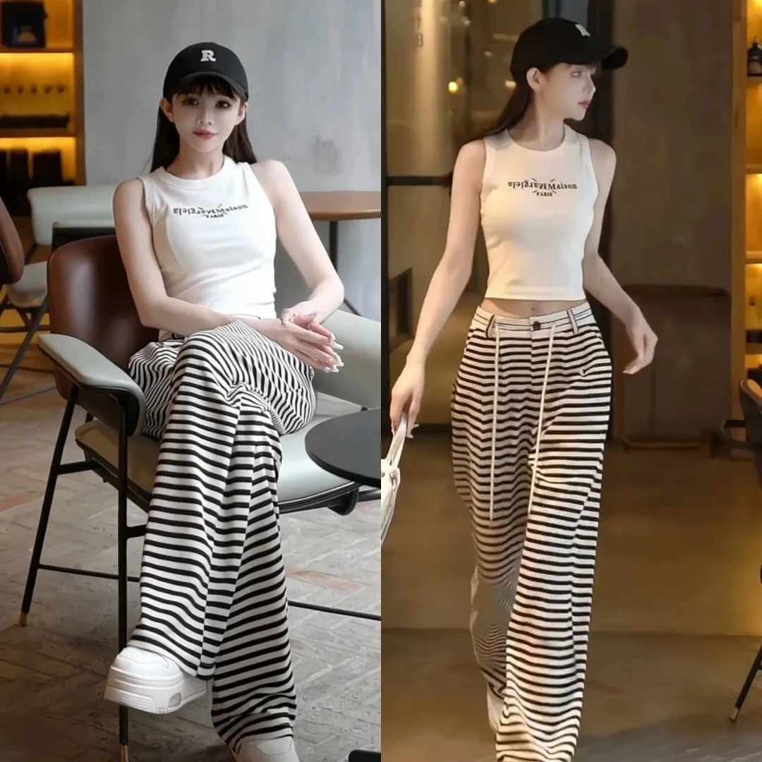 欧货时尚黑白条纹阔腿裤女秋冬显瘦新款高腰垂感直筒休闲西装裤子