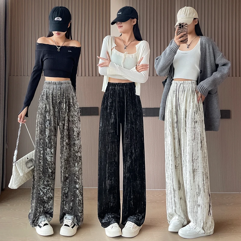 扎染裤子女春秋冬季2024新款金丝绒阔腿裤抽绳高腰垂感宽松阔腿裤