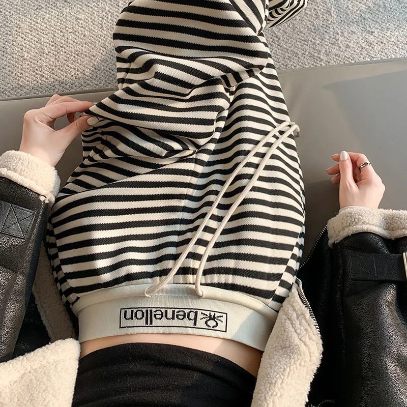 黑白条纹裤子女夏季窄版阔腿裤高腰显瘦直筒宽松慵懒休闲遛弯裤