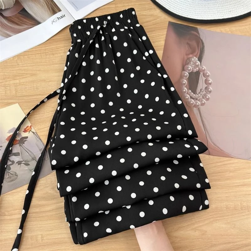 2025夏季新款波点薄款垂感显瘦宽松时尚百搭休闲裤阔腿裤黑色