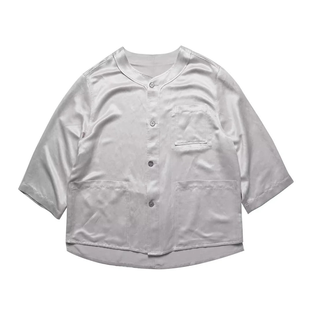 ShawClassy非遗潞绸面料 双面织法正面丝绸反面汉麻七分袖棒球衫